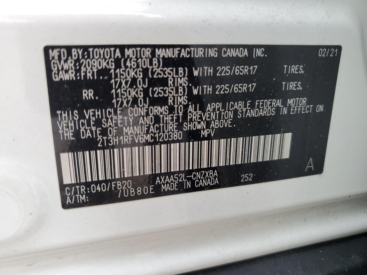 2021 Toyota Rav4 Le VIN: 2T3H1RFV6MC120380 Lot: 76793454