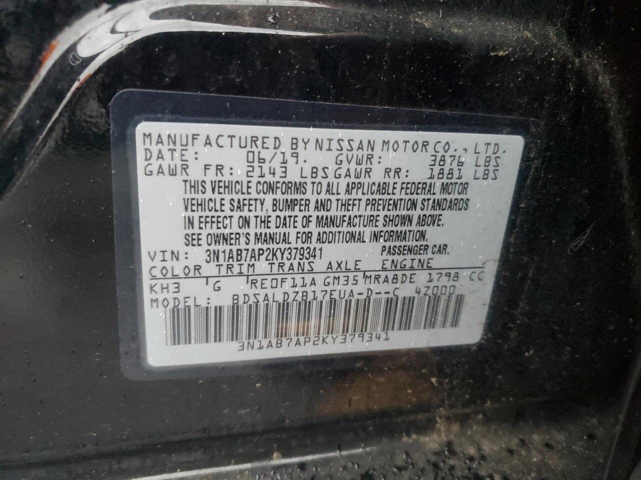 3N1AB7AP2KY379341 2019 Nissan Sentra S