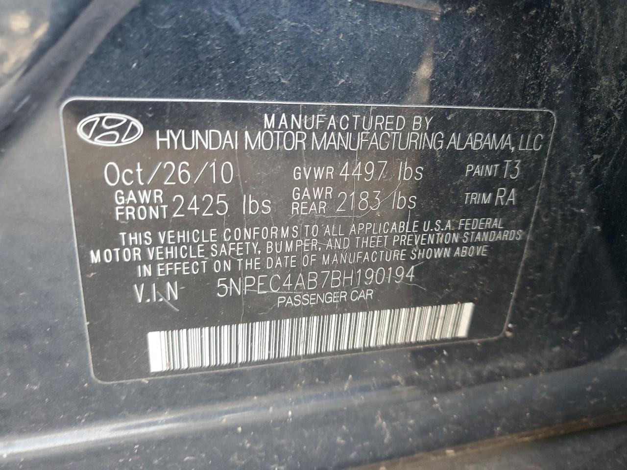 5NPEC4AB7BH190194 2011 Hyundai Sonata Se