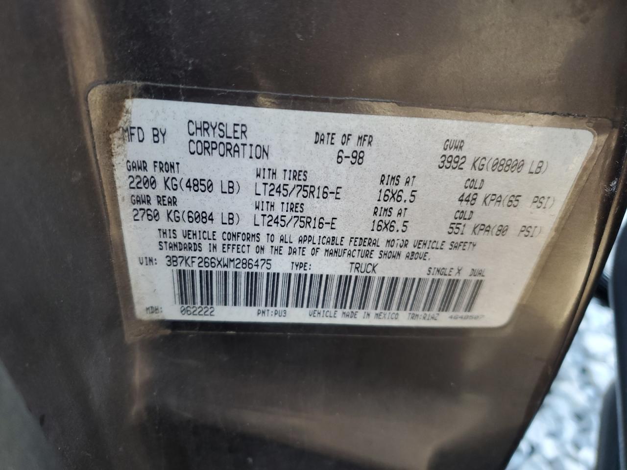 3B7KF266XWM286475 1998 Dodge Ram 2500