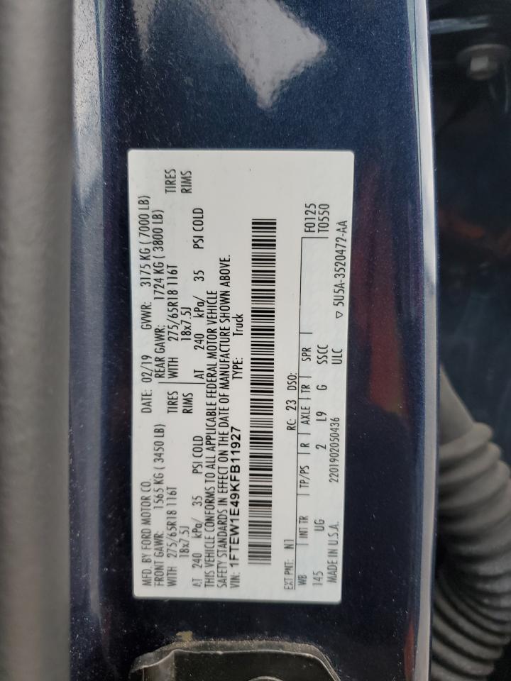 2019 Ford F150 Supercrew VIN: 1FTEW1E49KFB11927 Lot: 75398654