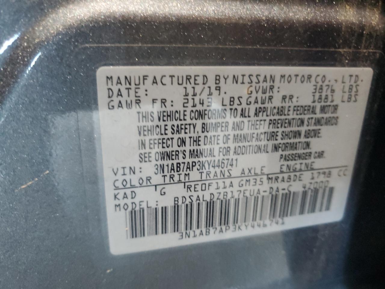 3N1AB7AP3KY446741 2019 Nissan Sentra S