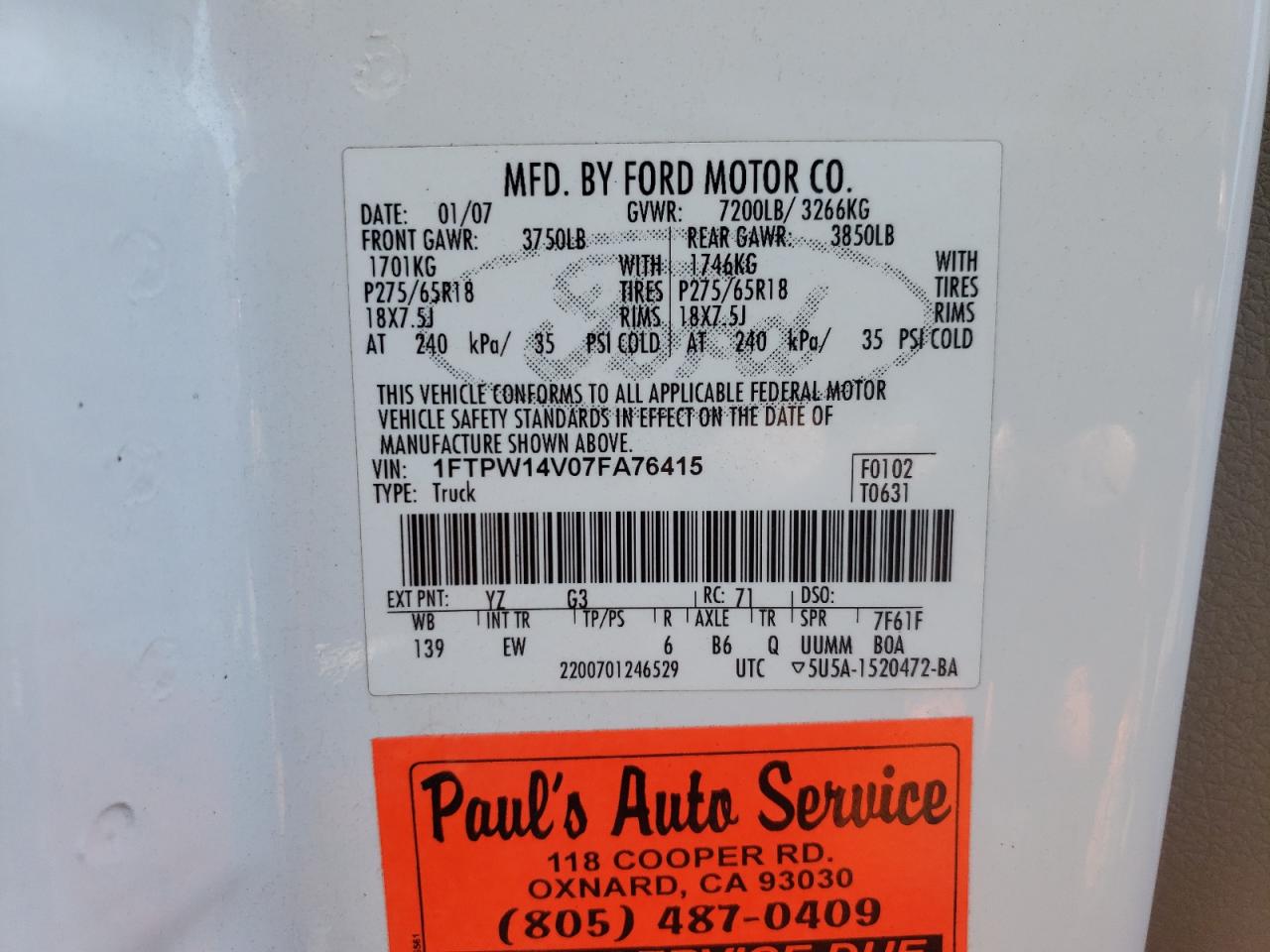 2007 Ford F150 Supercrew VIN: 1FTPW14V07FA76415 Lot: 73784374