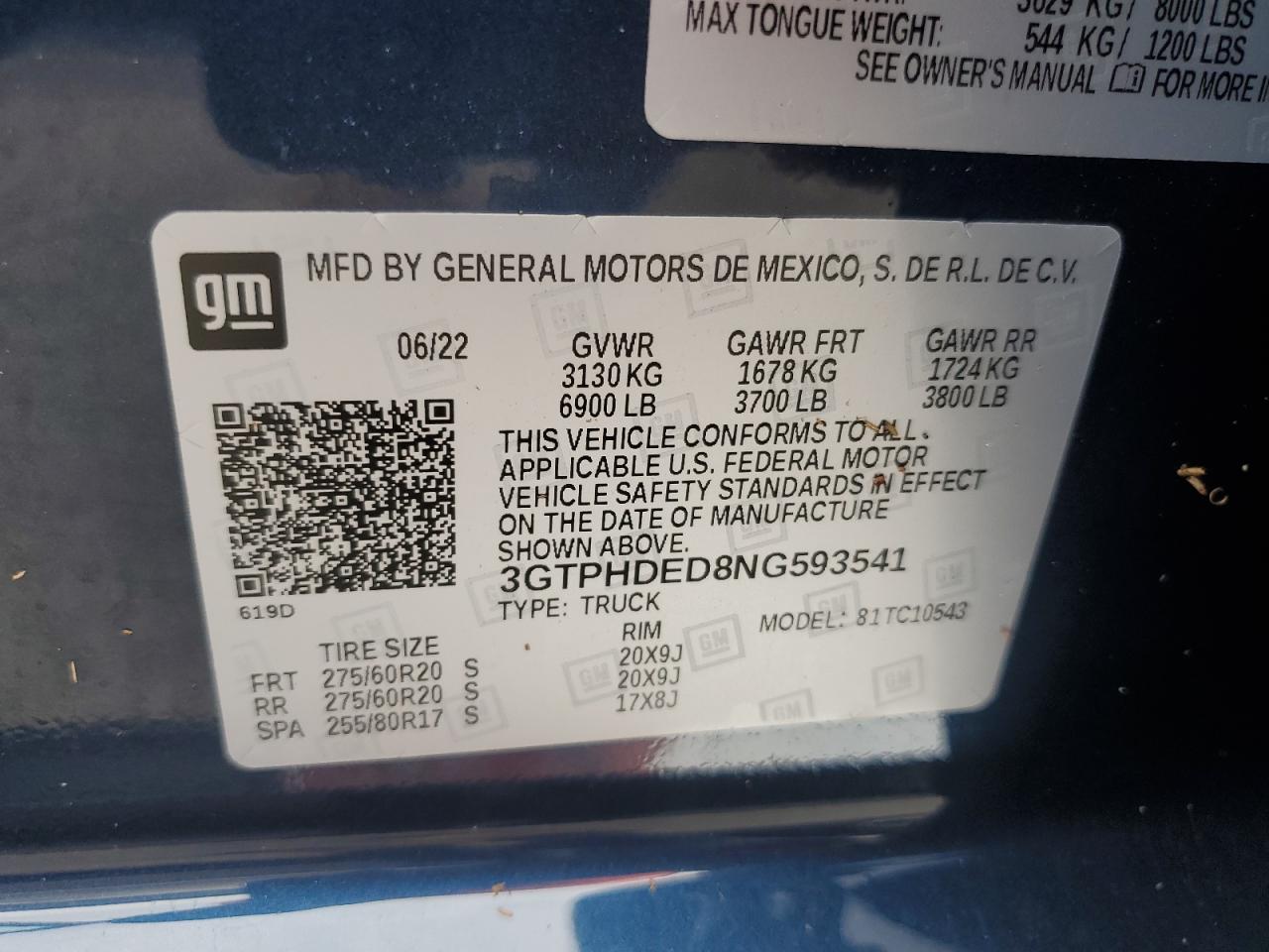 3GTPHDED8NG593541 2022 GMC Sierra C1500 Slt