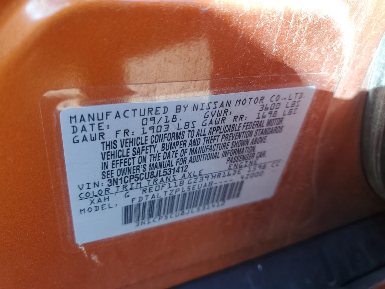 2018 Nissan Kicks S VIN: 3N1CP5CU8JL531412 Lot: 77444874