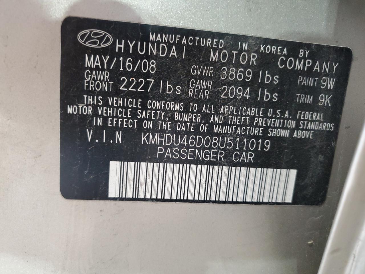 2008 Hyundai Elantra Gls VIN: KMHDU46D08U511019 Lot: 74270884