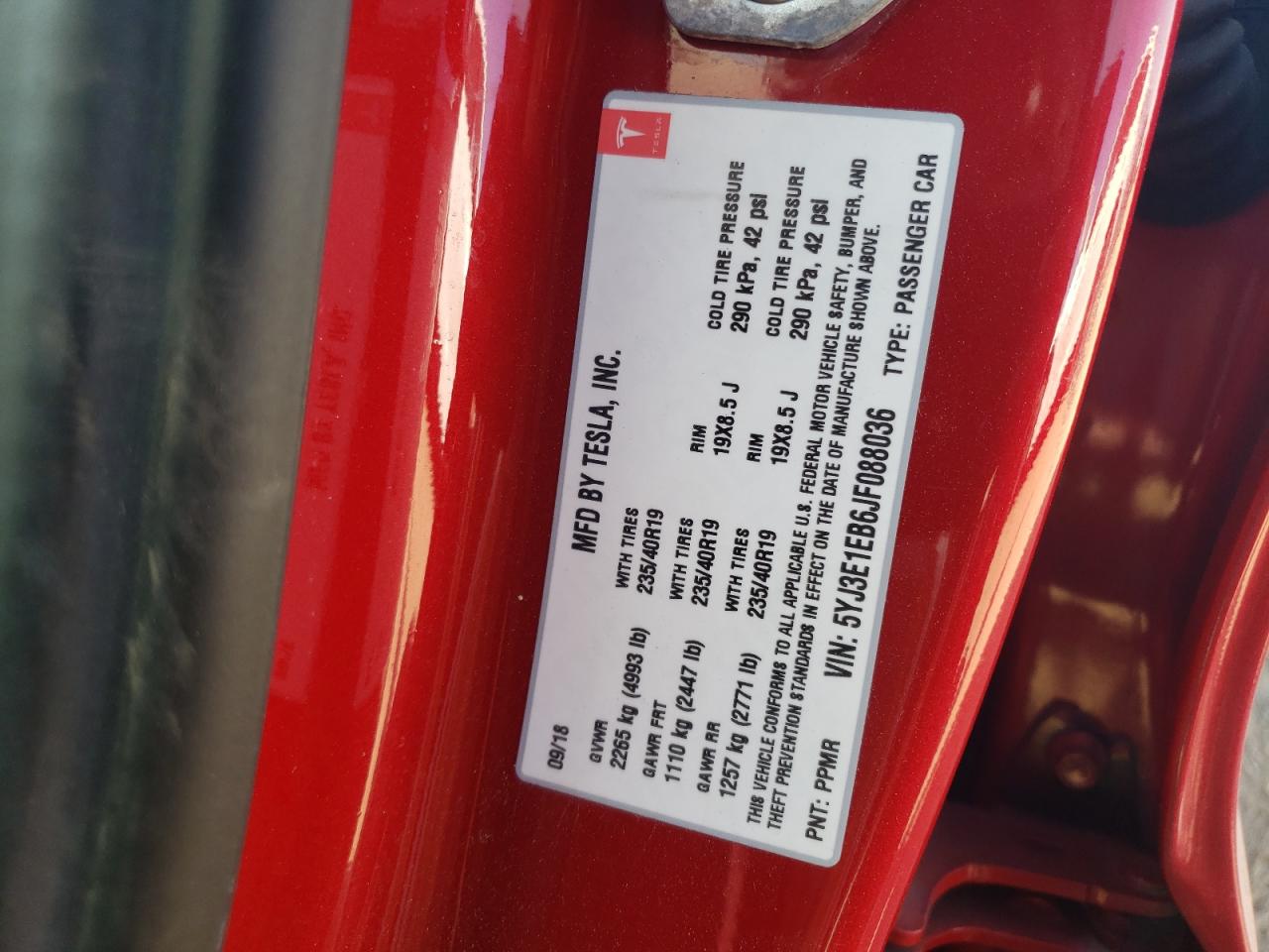 5YJ3E1EB6JF088036 2018 Tesla Model 3