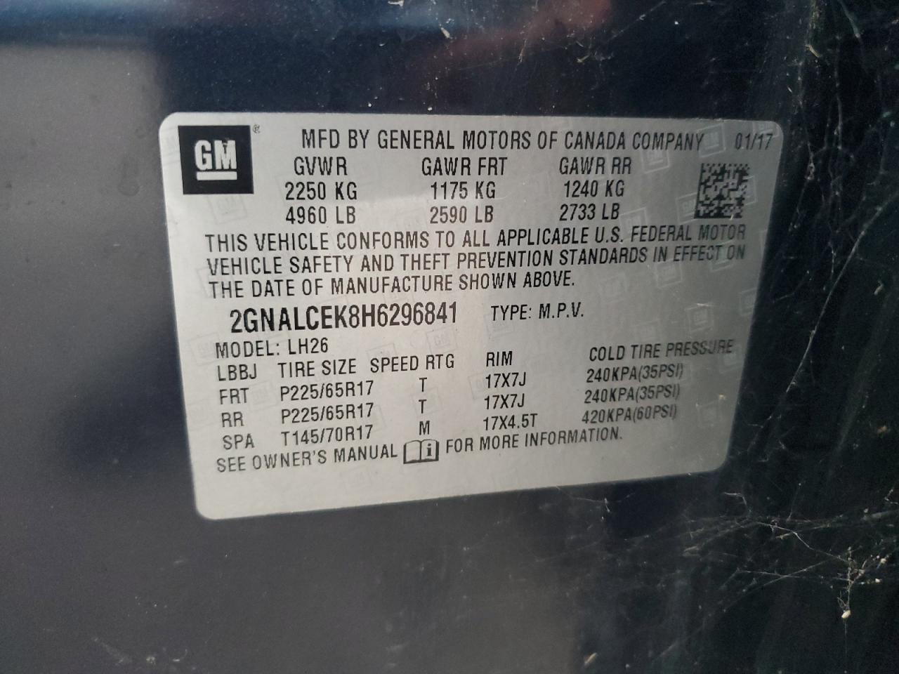 2GNALCEK8H6296841 2017 Chevrolet Equinox Lt