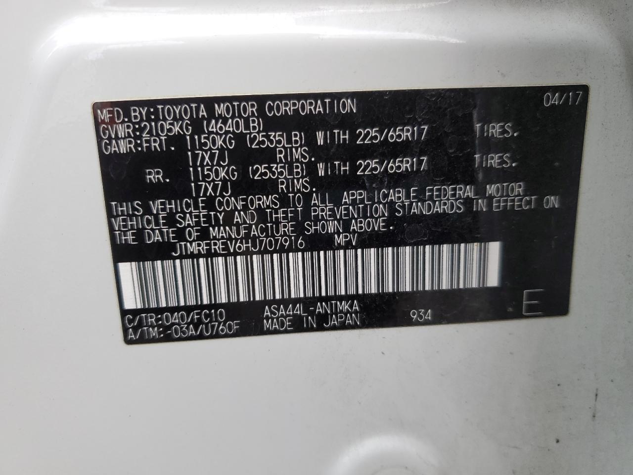 2017 Toyota Rav4 Xle VIN: JTMRFREV6HJ707916 Lot: 76618664