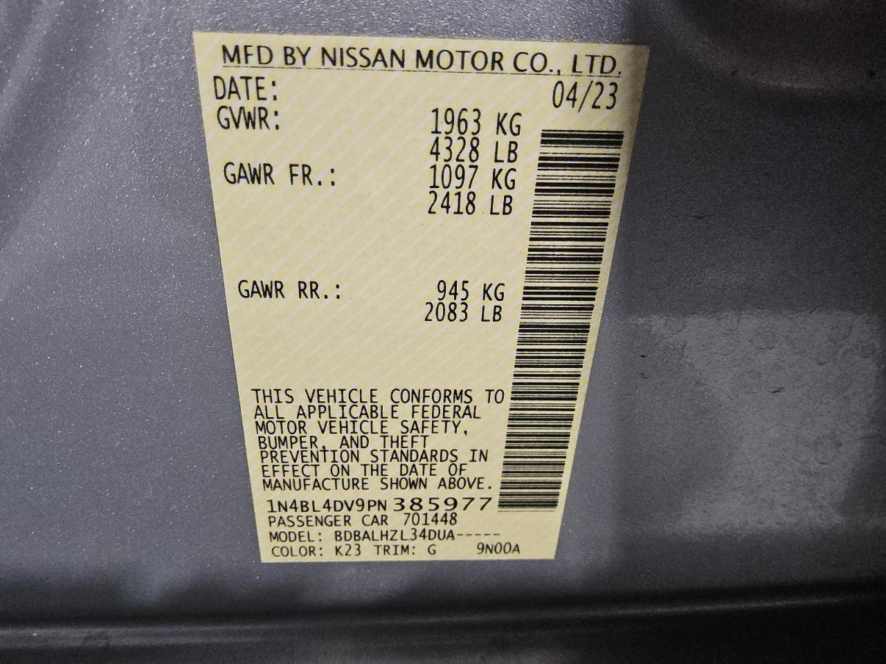 2023 Nissan Altima Sv VIN: 1N4BL4DV9PN385977 Lot: 78953974