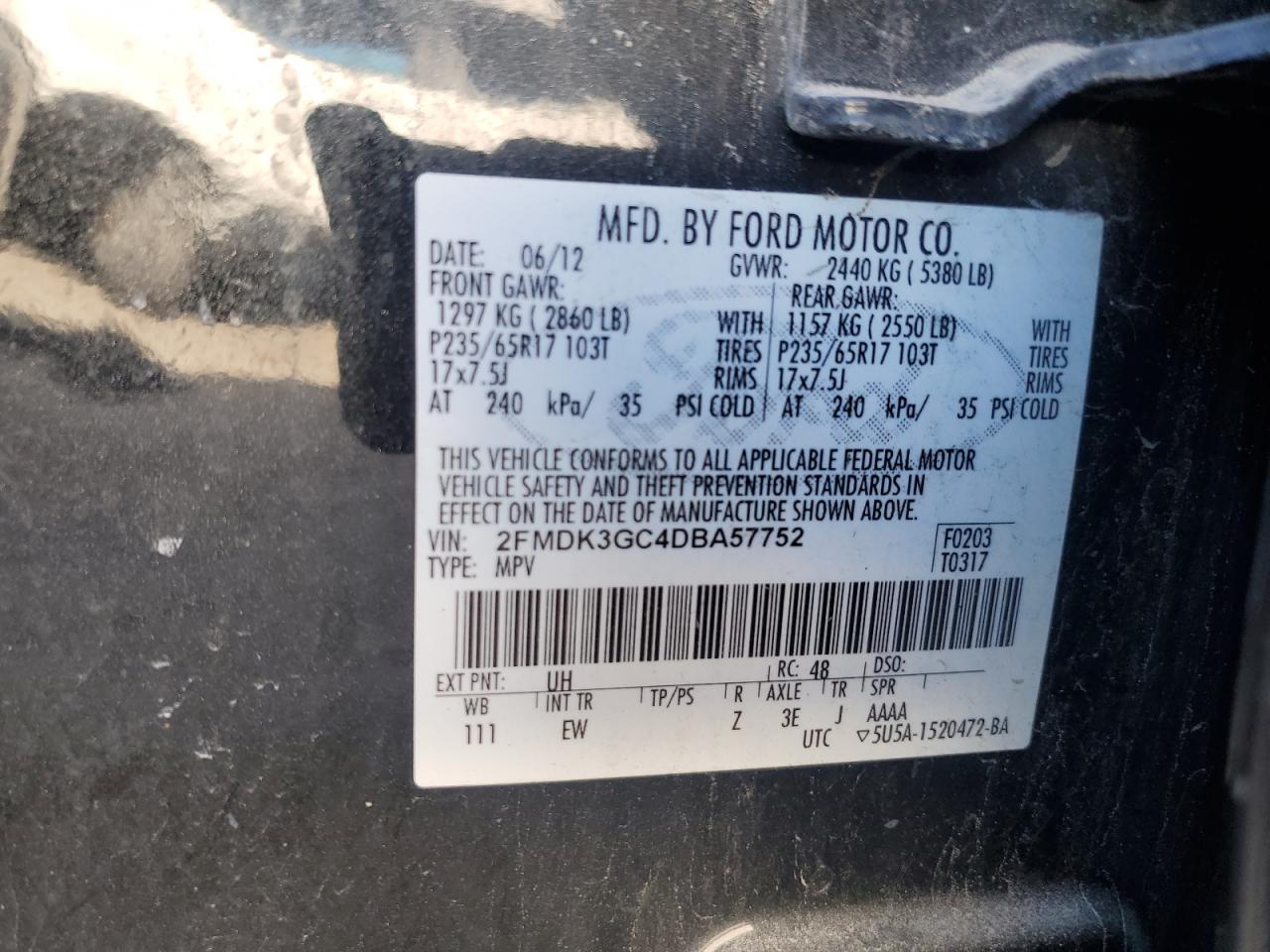 2013 Ford Edge Se VIN: 2FMDK3GC4DBA57752 Lot: 77985424