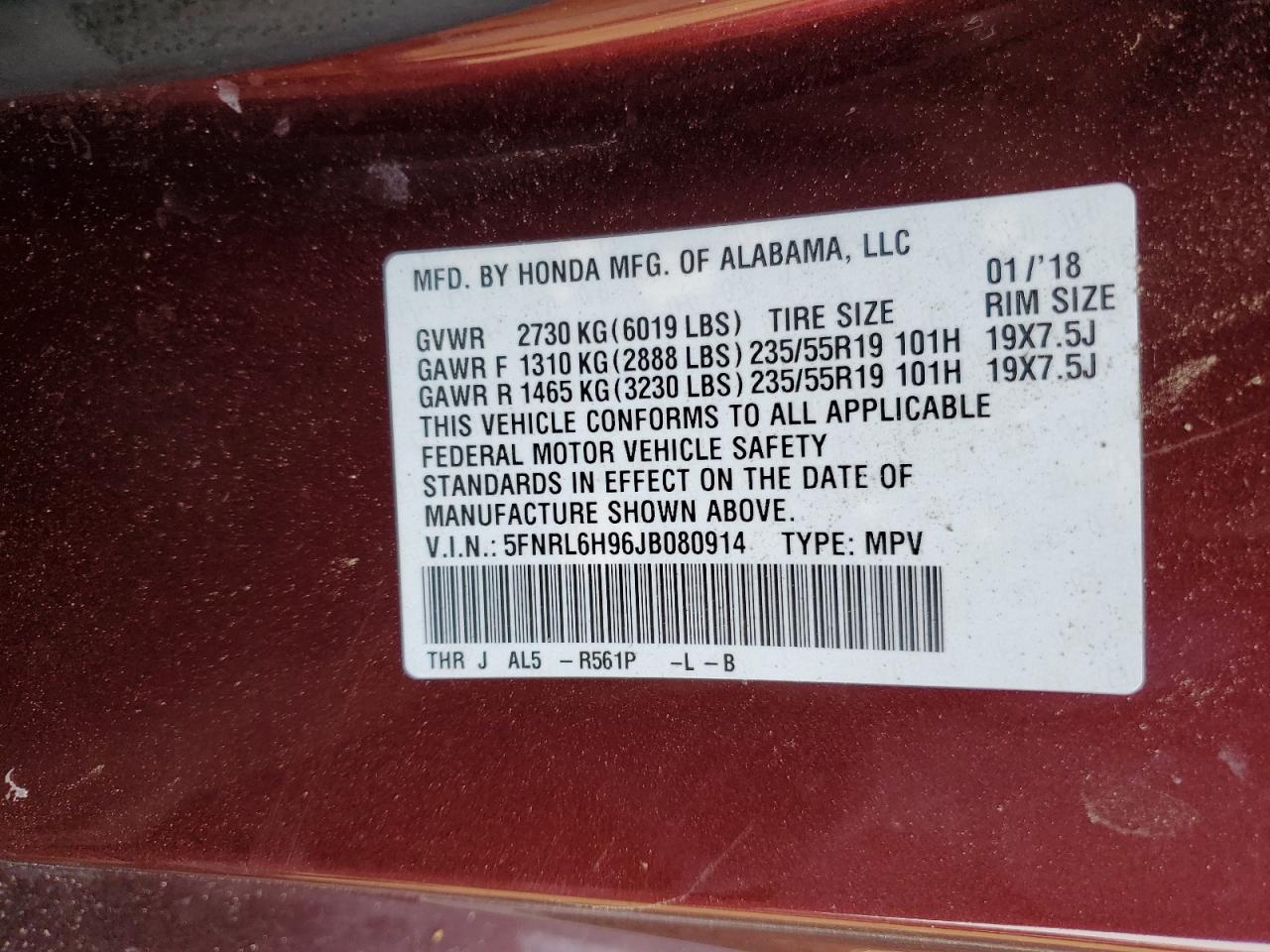 5FNRL6H96JB080914 2018 Honda Odyssey Elite