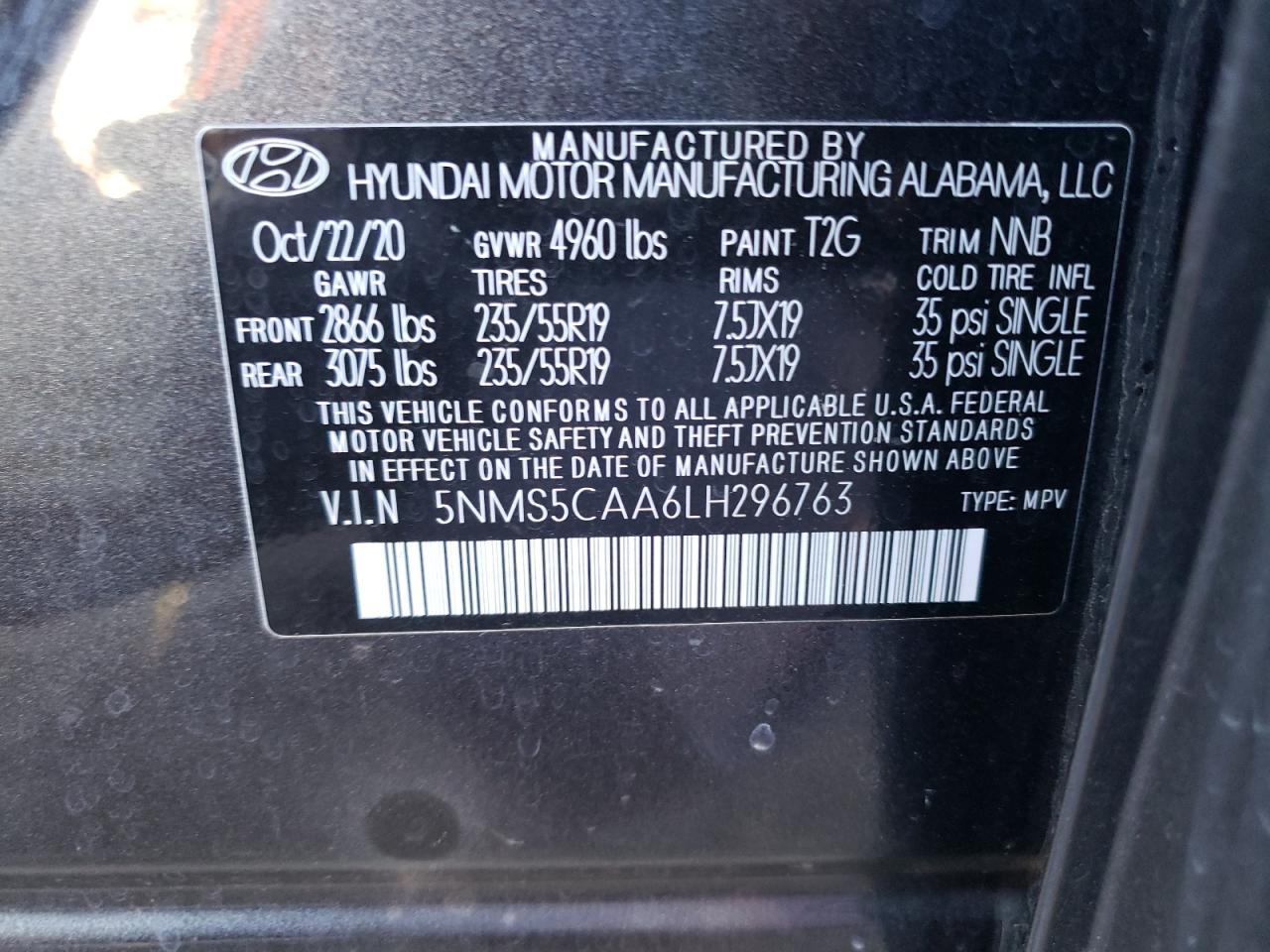 2020 Hyundai Santa Fe Limited VIN: 5NMS5CAA6LH296763 Lot: 74369324