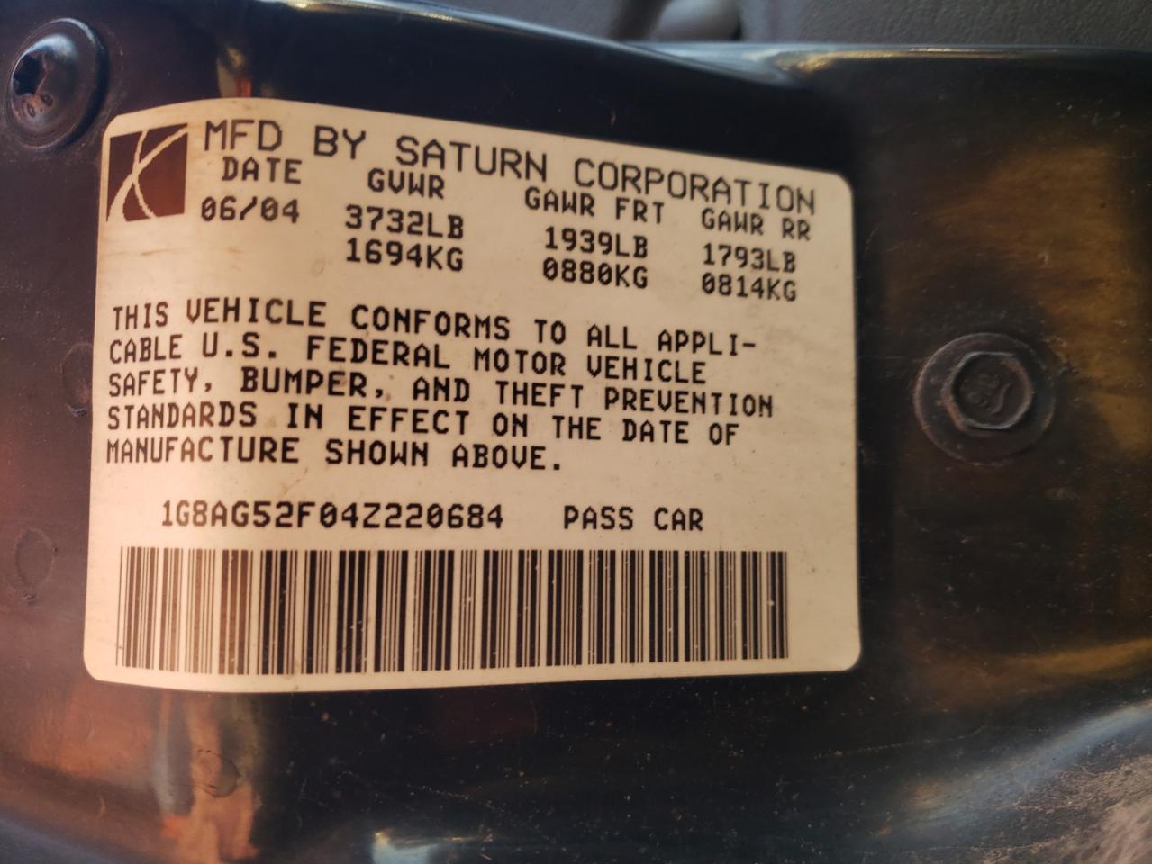 2004 Saturn Ion Level 1 VIN: 1G8AG52F04Z220684 Lot: 77761744