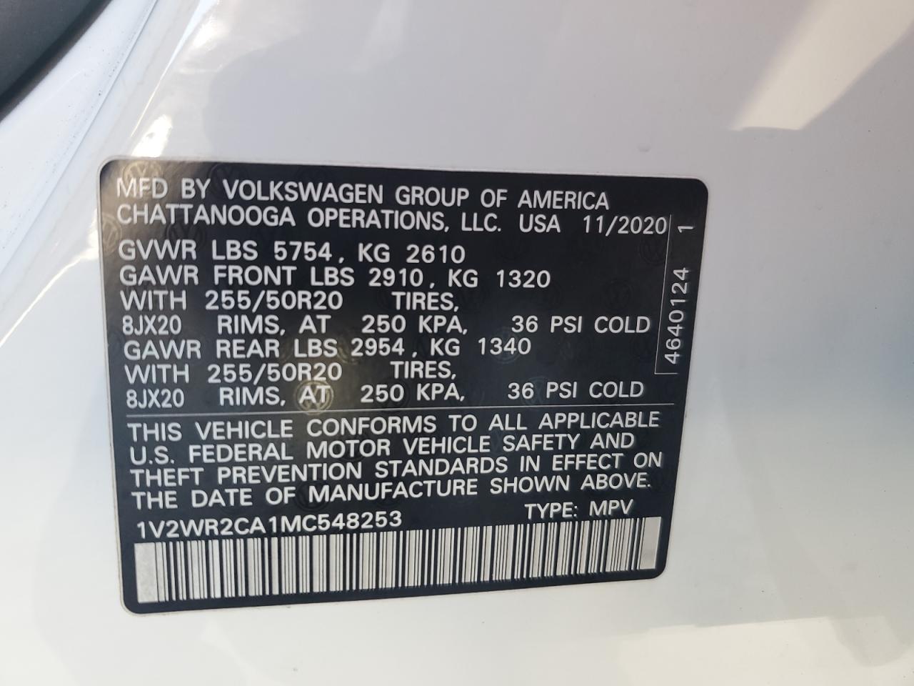 2021 Volkswagen Atlas Se VIN: 1V2WR2CA1MC548253 Lot: 77099464