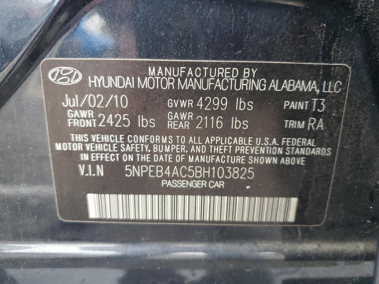 2011 Hyundai Sonata Gls VIN: 5NPEB4AC5BH103825 Lot: 76030274