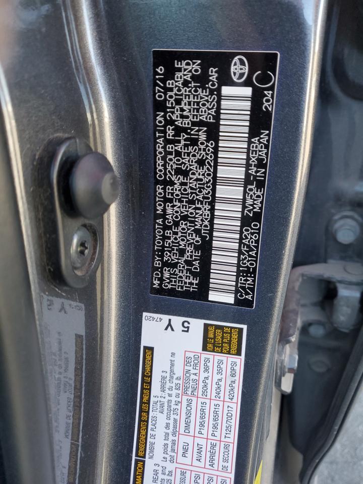 JTDKBRFU3G3022696 2016 Toyota Prius