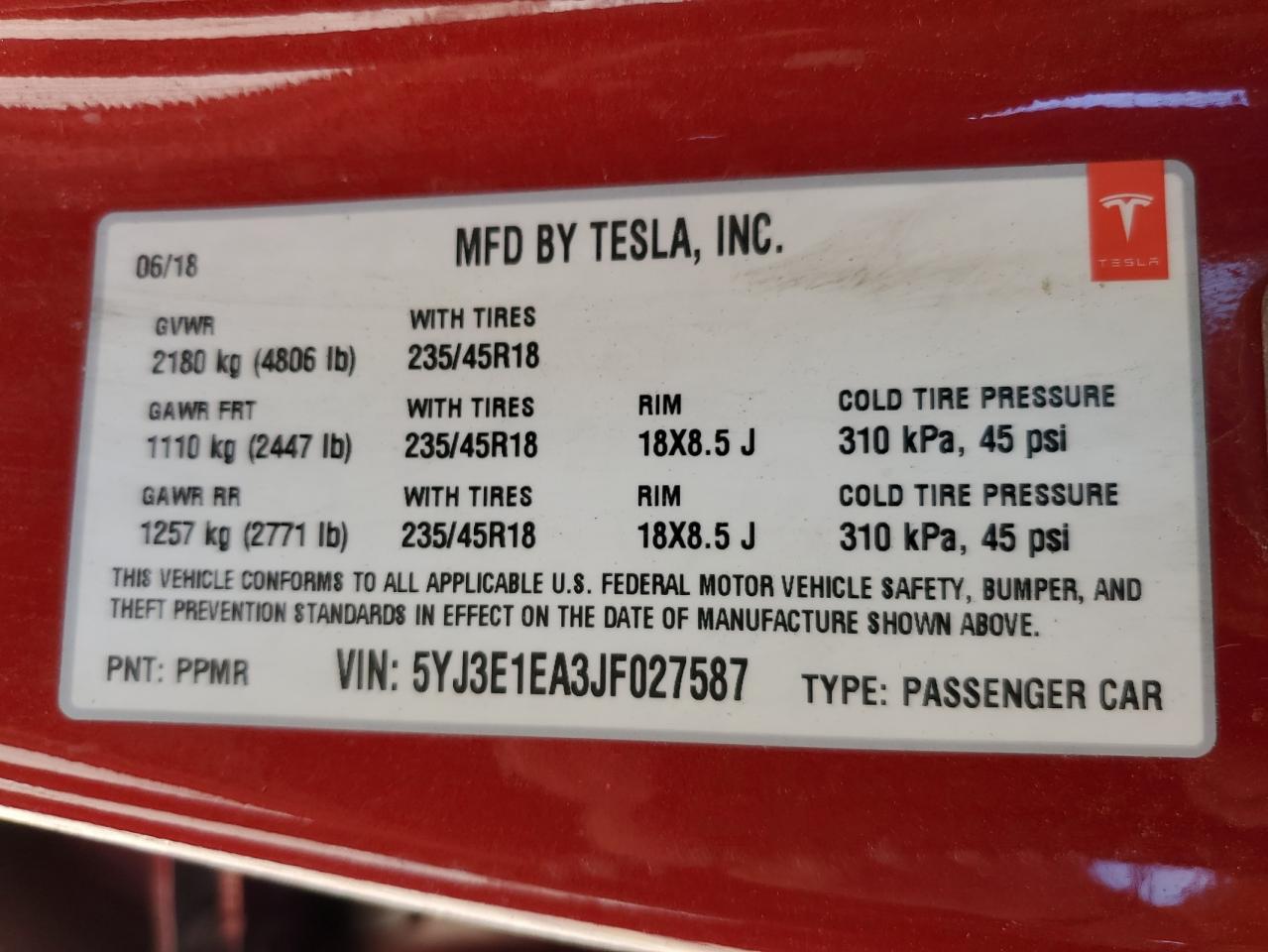 5YJ3E1EA3JF027587 2018 TESLA MODEL 3 - Image 10