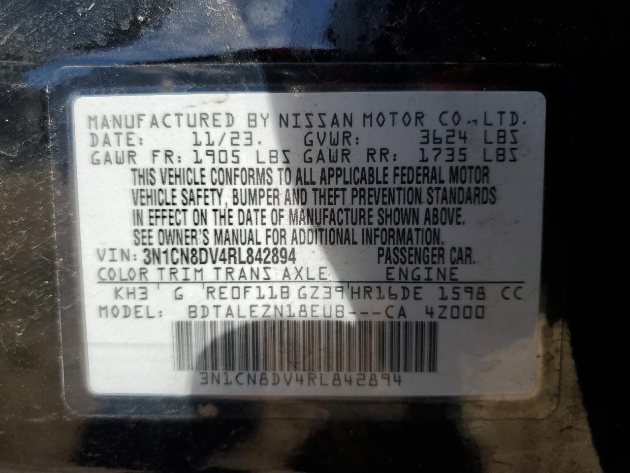 2024 Nissan Versa S VIN: 3N1CN8DV4RL842894 Lot: 77631834