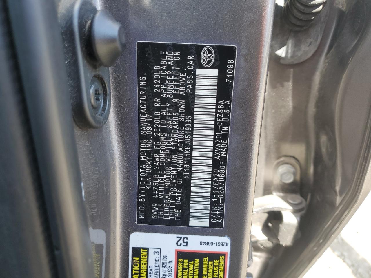 4T1B11HK6JU519335 2018 Toyota Camry L