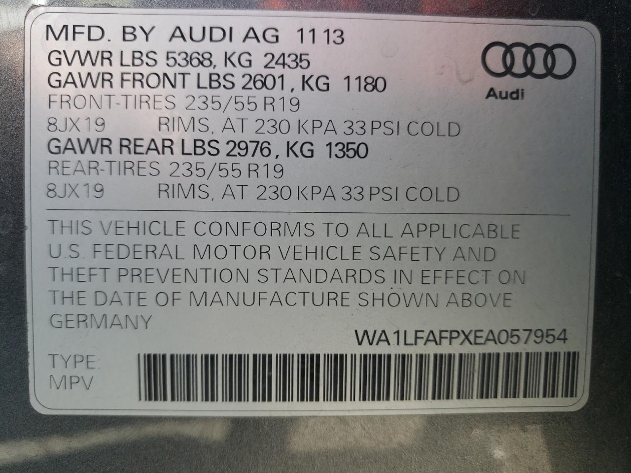 2014 Audi Q5 Premium Plus VIN: WA1LFAFPXEA057954 Lot: 78191084