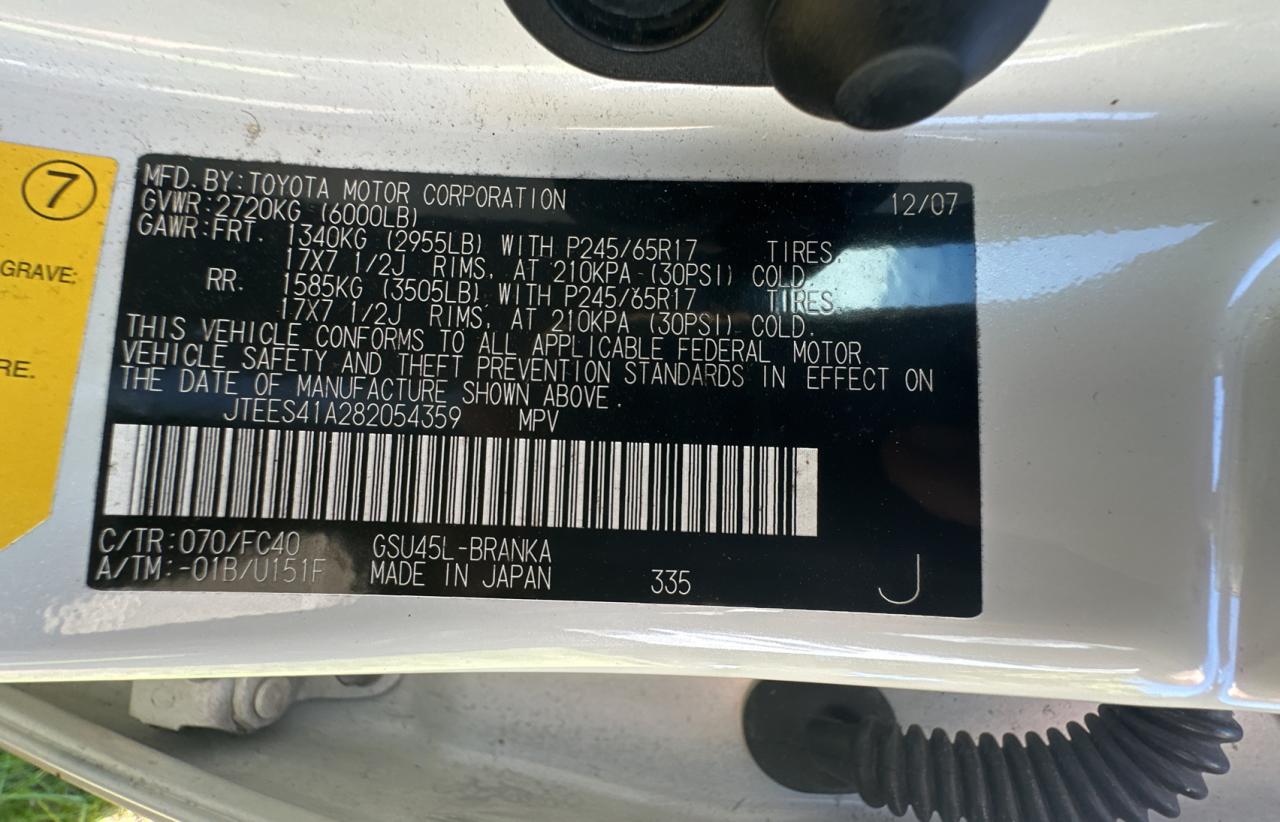 2008 Toyota Highlander VIN: JTEES41A282054359 Lot: 78010844