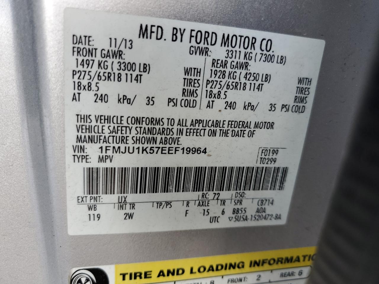 2014 Ford Expedition Limited VIN: 1FMJU1K57EEF19964 Lot: 75256504