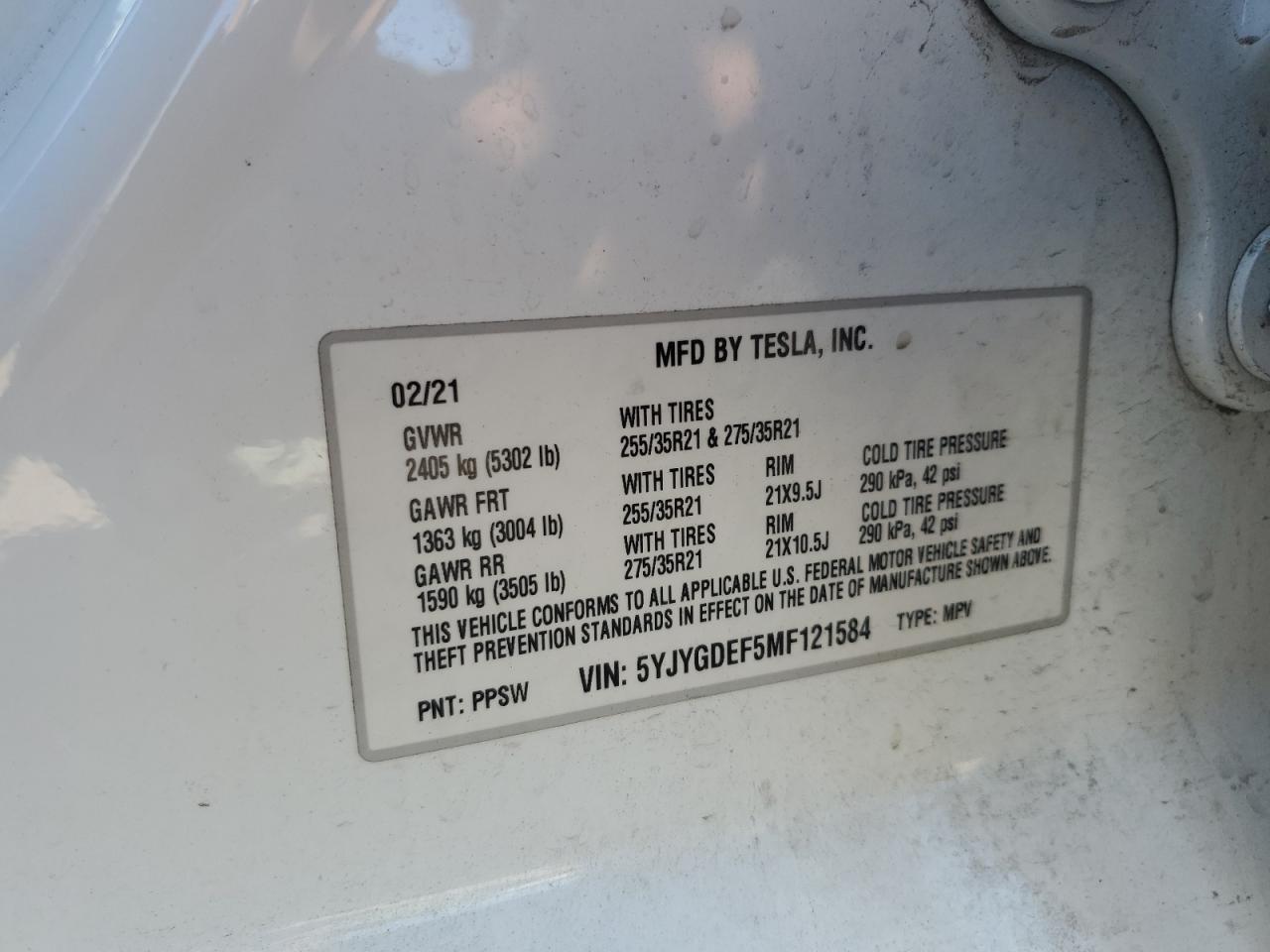 5YJYGDEF5MF121584 2021 Tesla Model Y