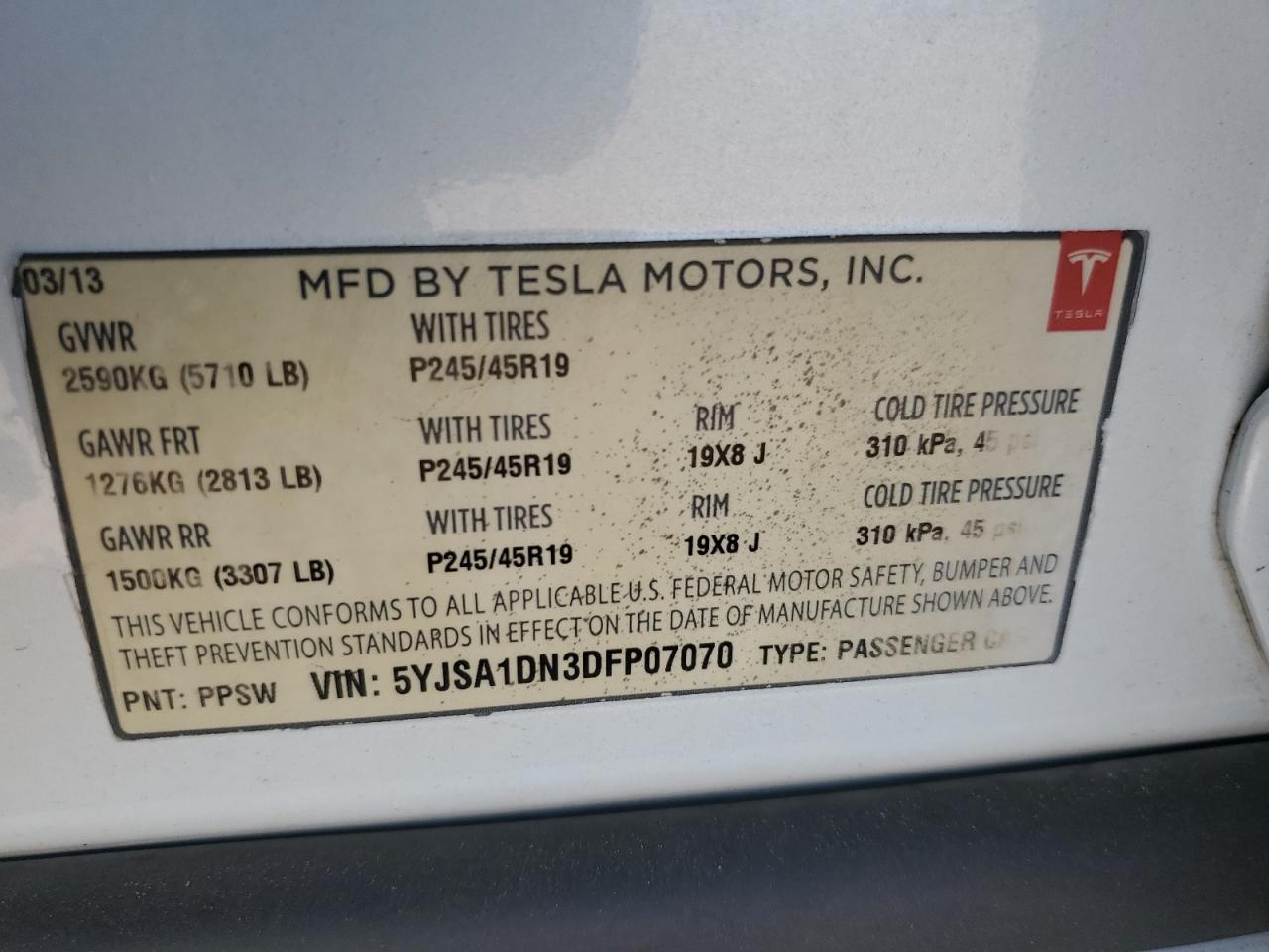 2013 Tesla Model S VIN: 5YJSA1DN3DFP07070 Lot: 74236304