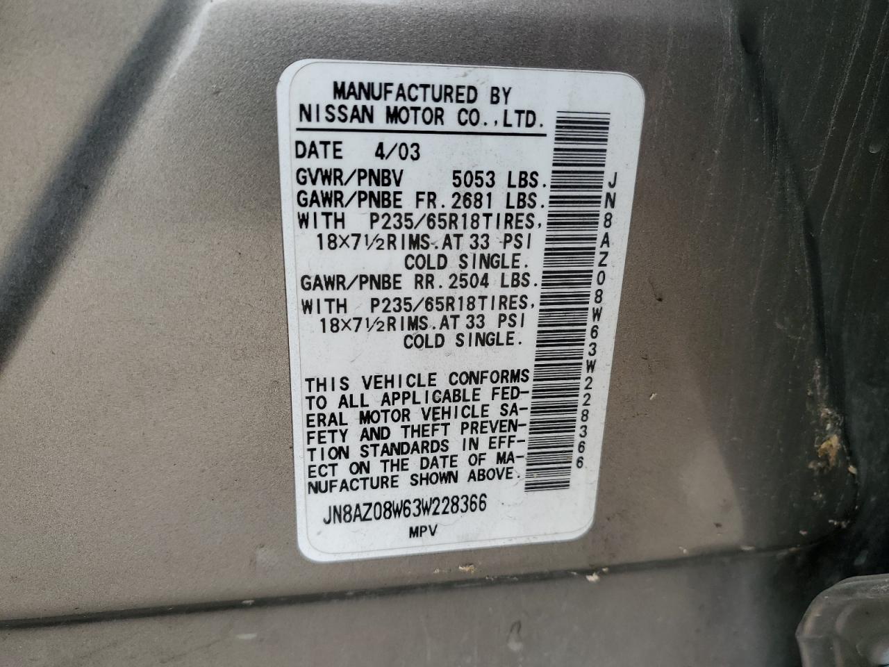 JN8AZ08W63W228366 2003 Nissan Murano Sl