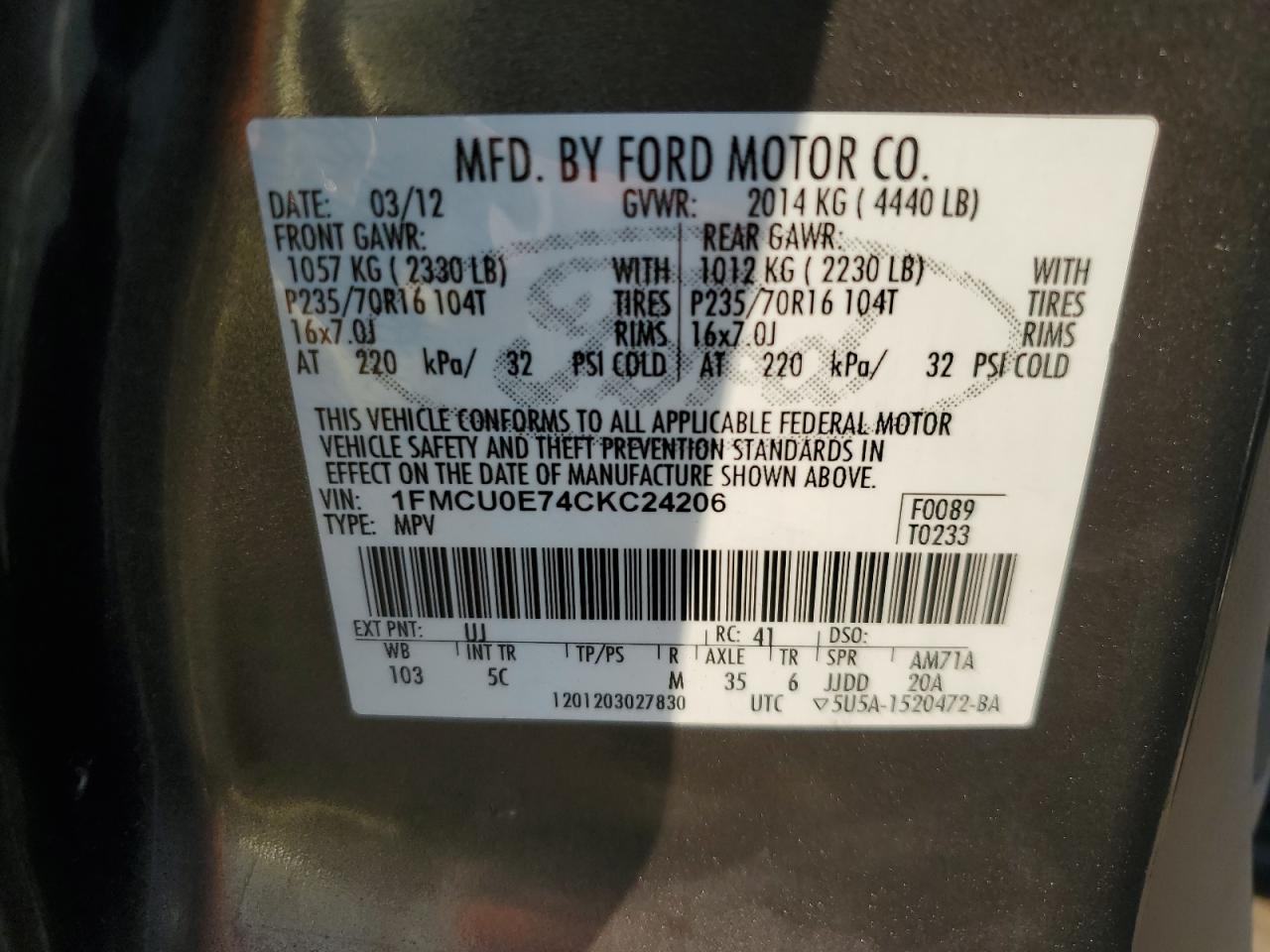 2012 Ford Escape Limited VIN: 1FMCU0E74CKC24206 Lot: 78099224