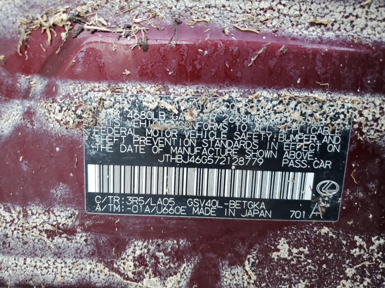 2007 Lexus Es 350 VIN: JTHBJ46G572128779 Lot: 74031634