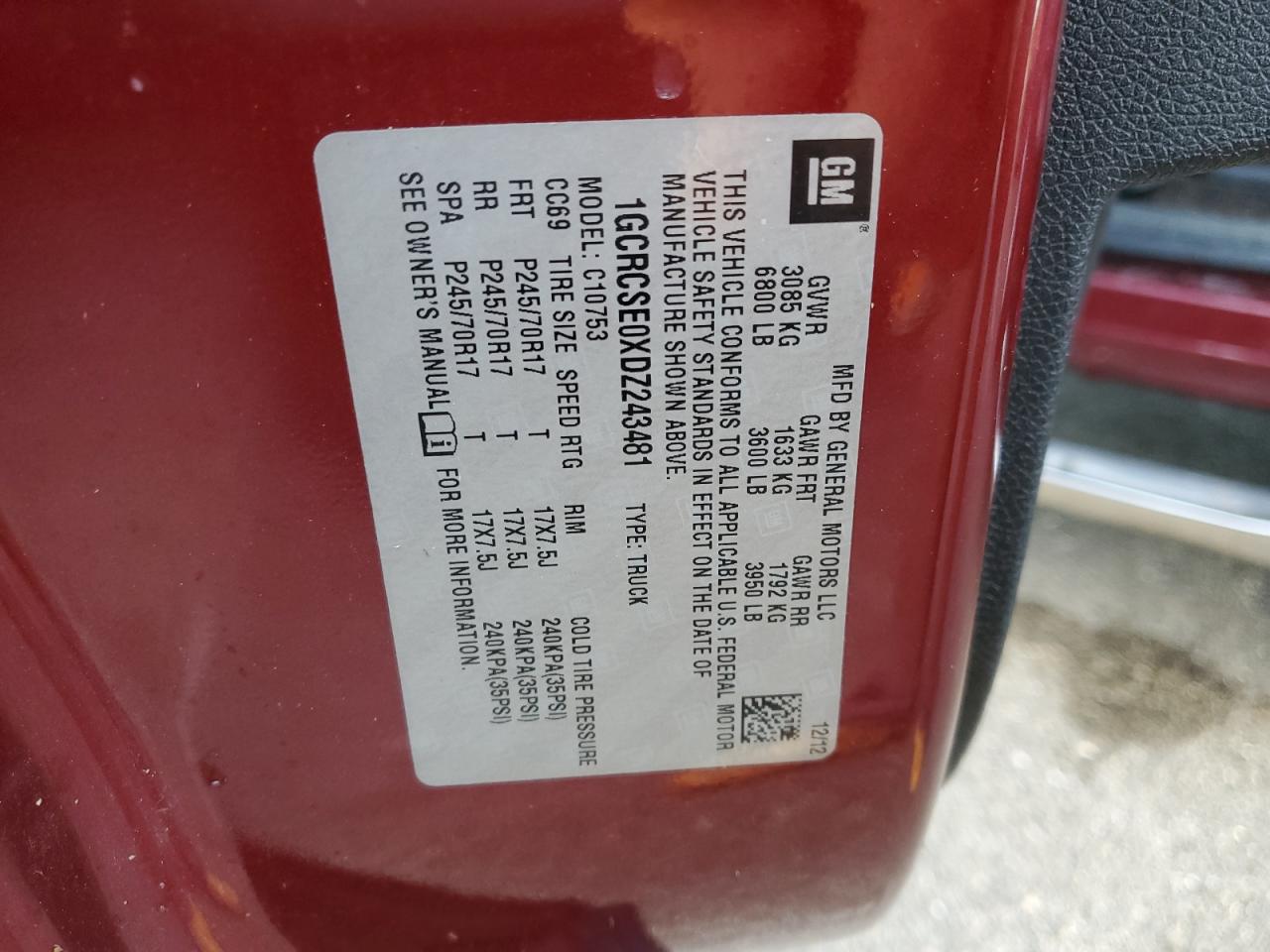 2013 Chevrolet Silverado C1500 Lt VIN: 1GCRCSE0XDZ243481 Lot: 75382394