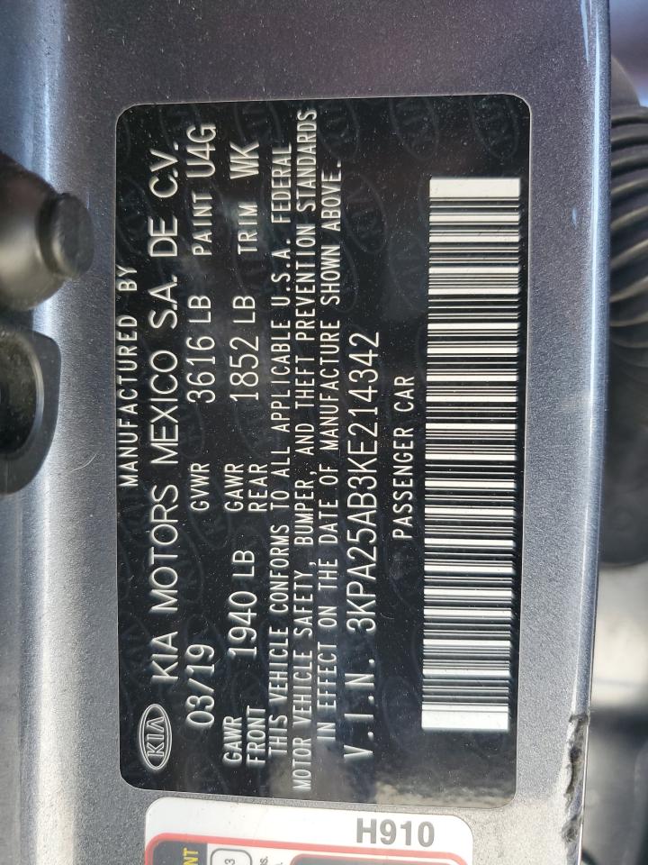 2019 Kia Rio S VIN: 3KPA25AB3KE214342 Lot: 77095084