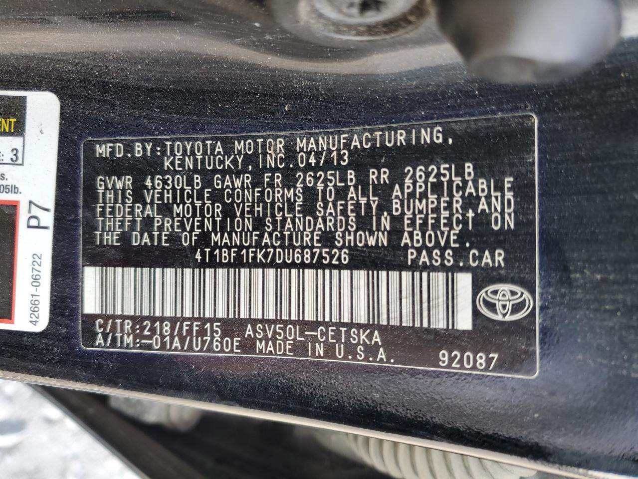 VIN 4T1BF1FK7DU687526 2013 TOYOTA CAMRY no.12