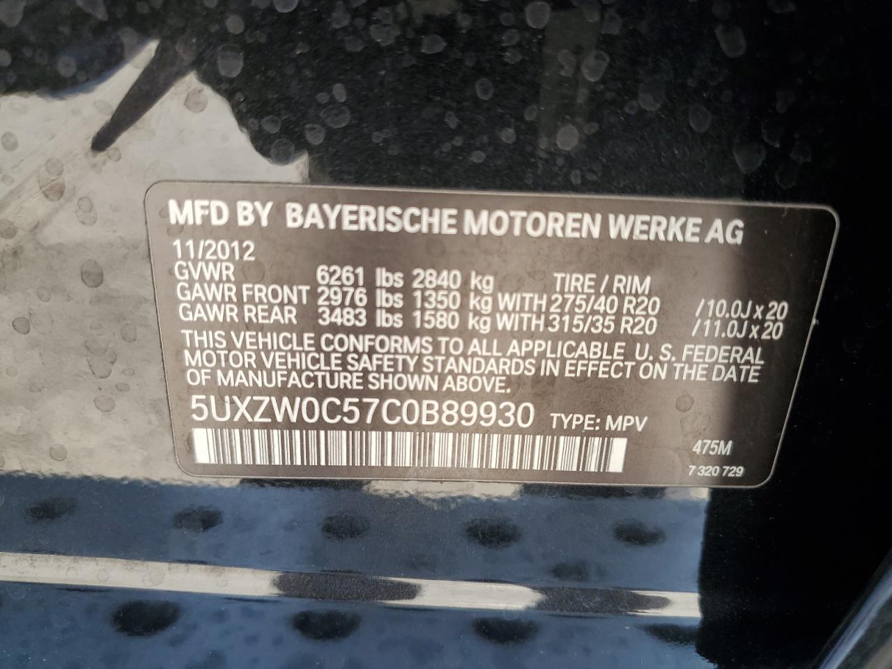 2012 BMW X5 xDrive35D VIN: 5UXZW0C57C0B89930 Lot: 73220864