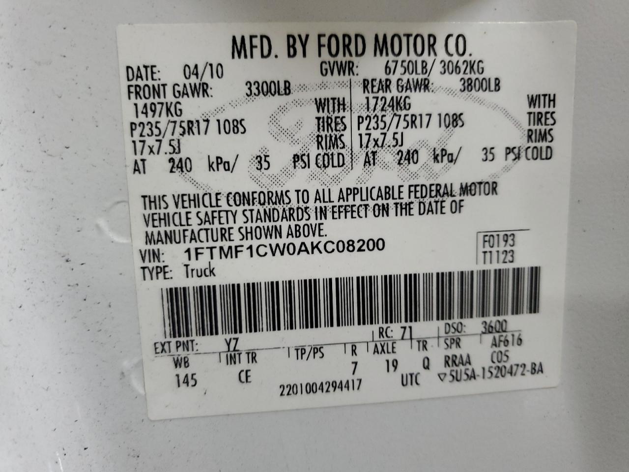 1FTMF1CW0AKC08200 2010 Ford F150