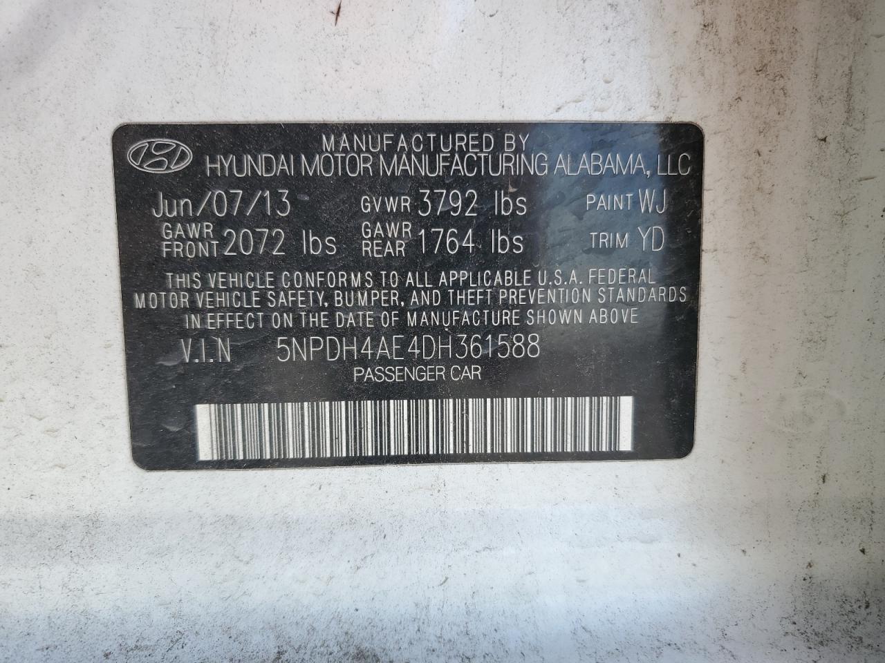 5NPDH4AE4DH361588 2013 Hyundai Elantra Gls