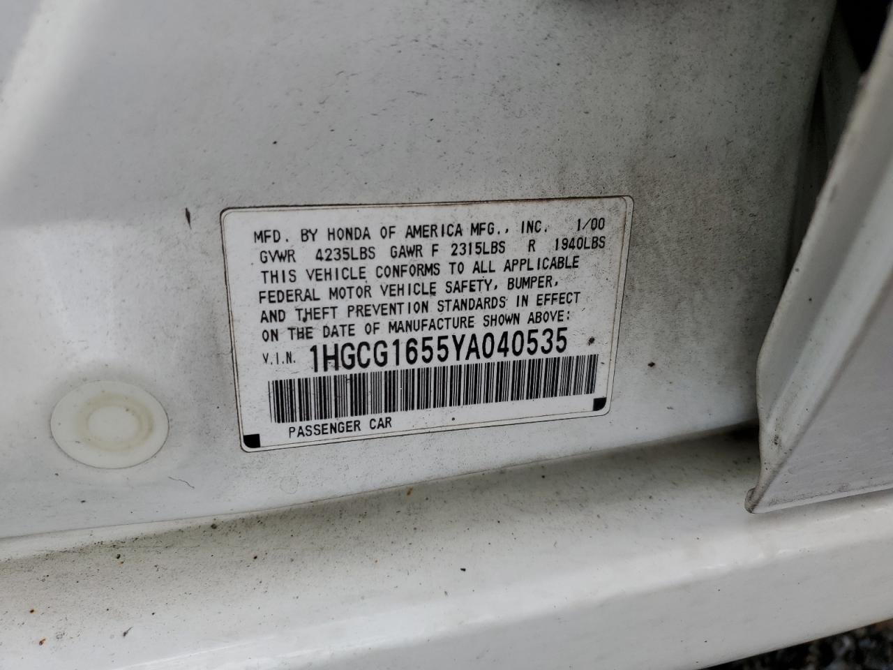 1HGCG1655YA040535 2000 Honda Accord Ex