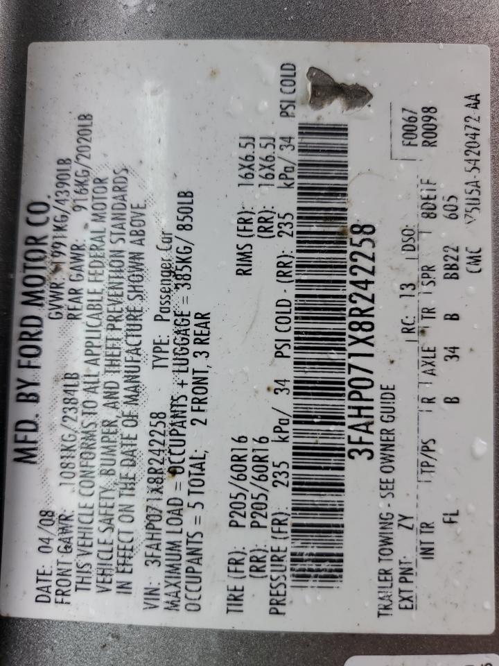 2008 Ford Fusion Se VIN: 3FAHP071X8R242258 Lot: 71867994