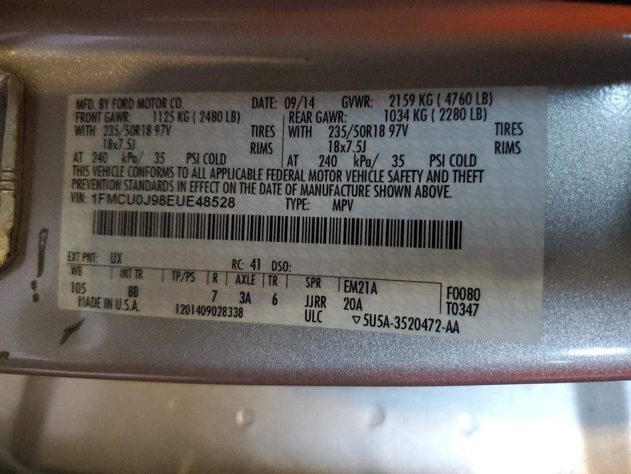 1FMCU0J98EUE48528 2014 Ford Escape Titanium