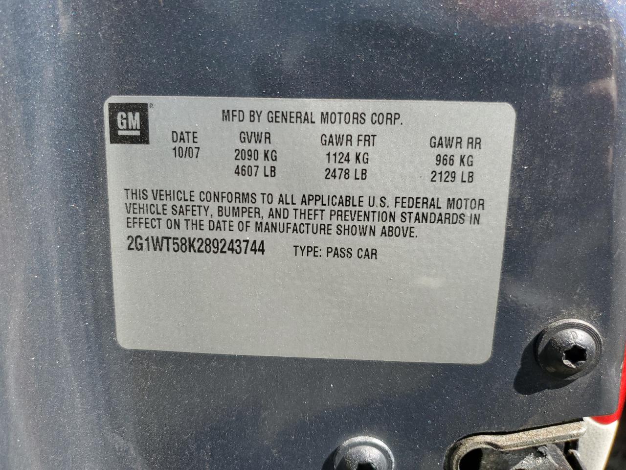 2008 Chevrolet Impala Lt VIN: 2G1WT58K289243744 Lot: 75022594