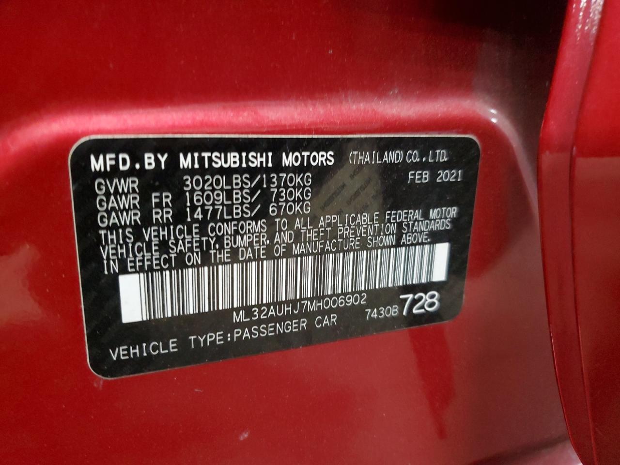 2021 Mitsubishi Mirage Es VIN: ML32AUHJ7MH006902 Lot: 78614004