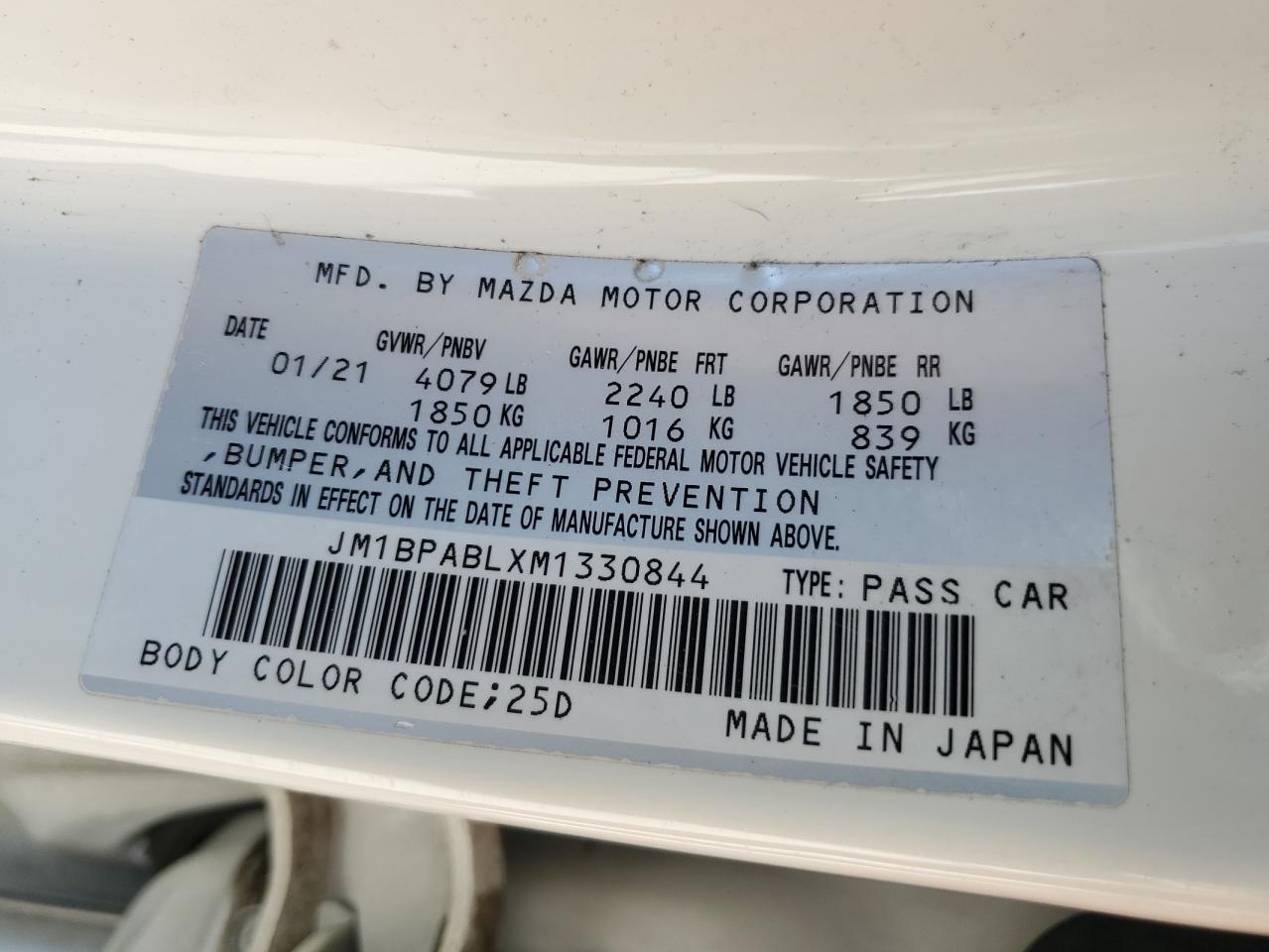 2021 Mazda 3 Select VIN: JM1BPABLXM1330844 Lot: 75697374