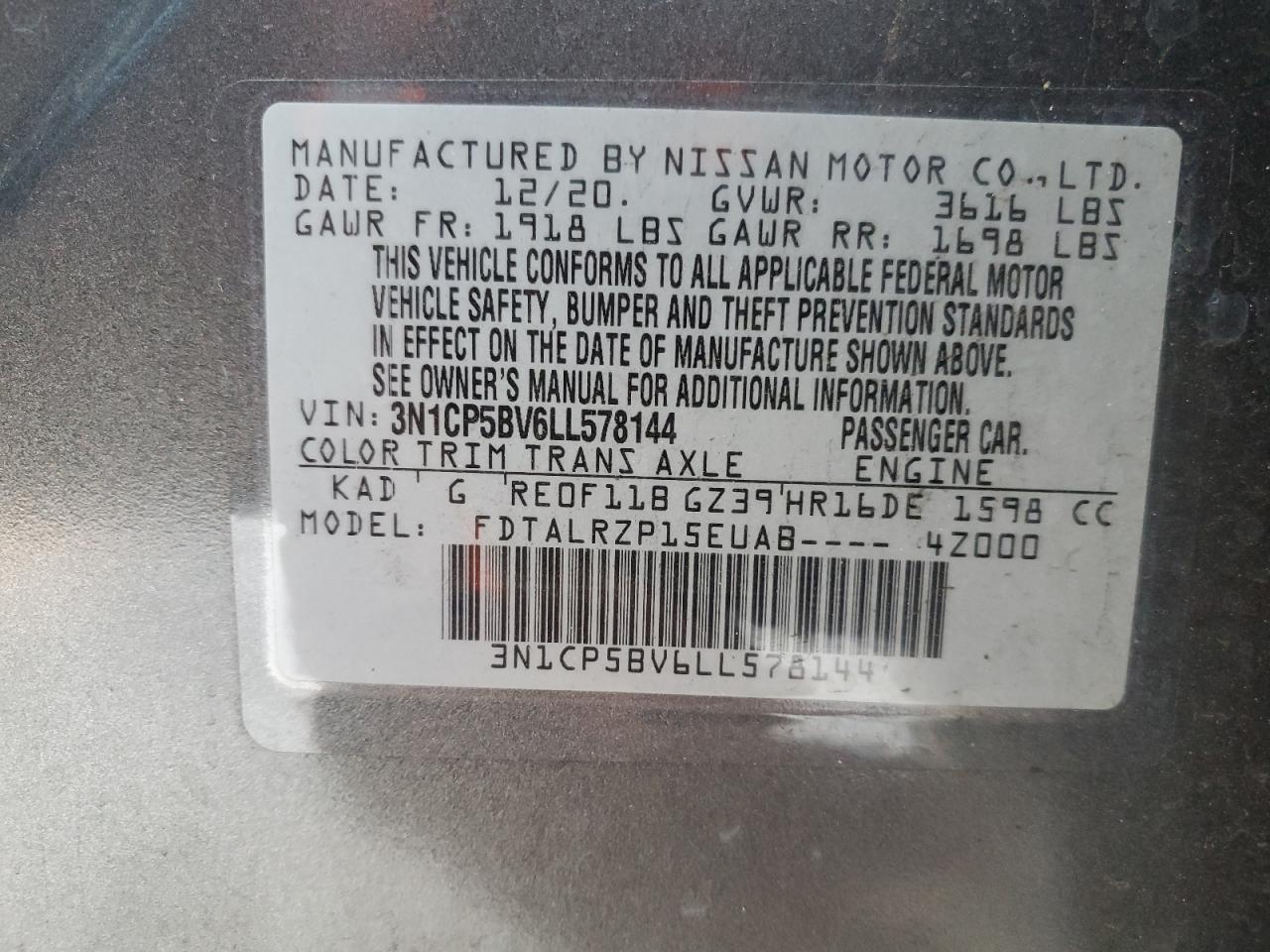 3N1CP5BV6LL578144 2020 Nissan Kicks S