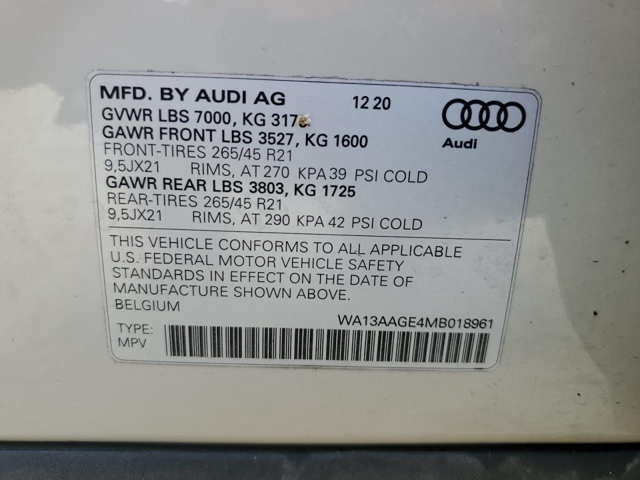 WA13AAGE4MB018961 2021 Audi E-Tron Sportback Prestige