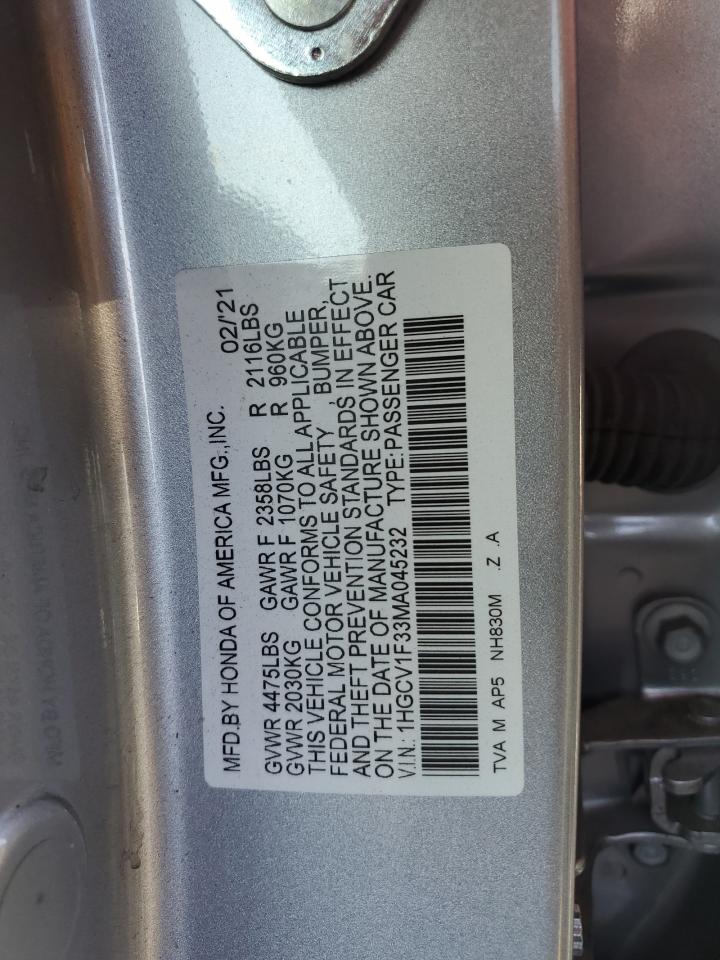 2021 Honda Accord Sport VIN: 1HGCV1F33MA045232 Lot: 74298754