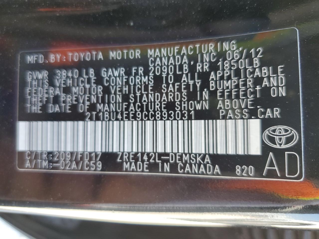 2012 Toyota Corolla Base VIN: 2T1BU4EE9CC893031 Lot: 76063084