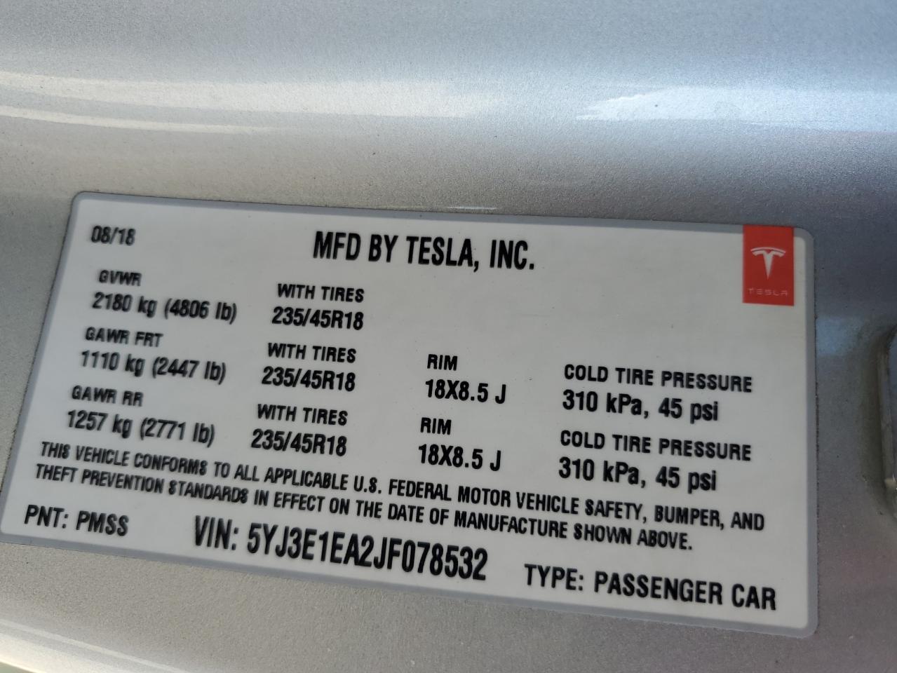 5YJ3E1EA2JF078532 2018 Tesla Model 3