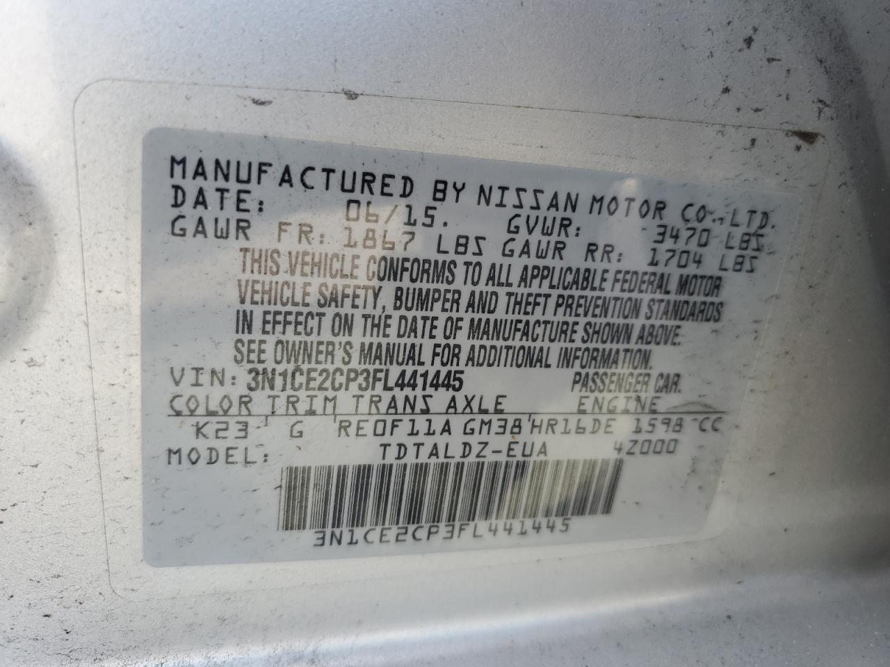 3N1CE2CP3FL441445 2015 Nissan Versa Note S